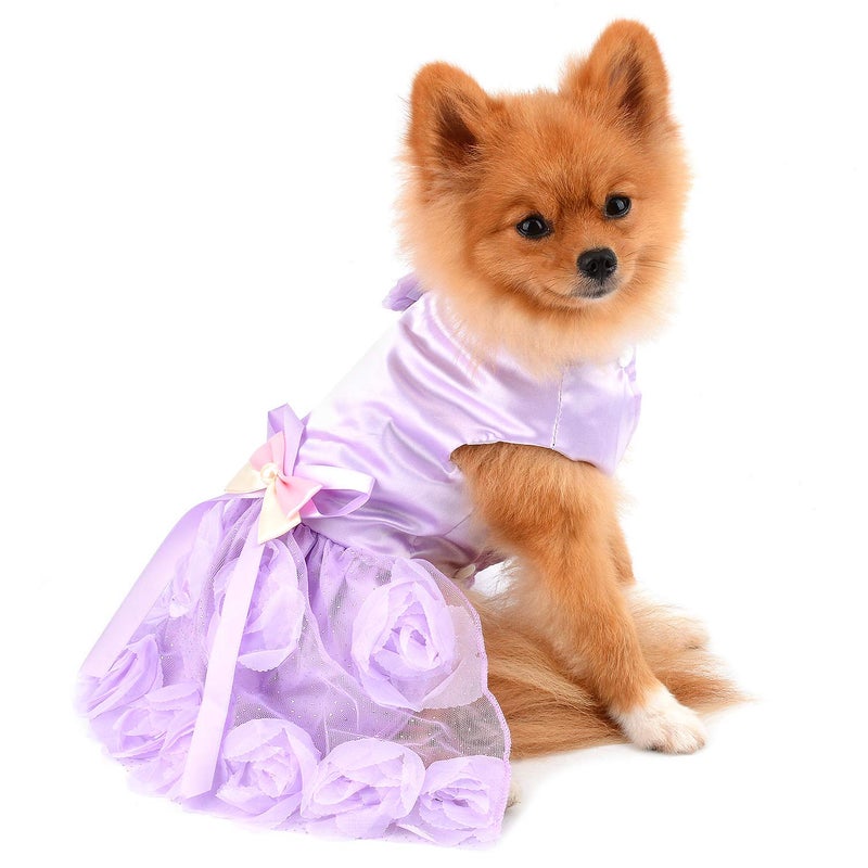 PAIDEFUL Pet Dress for Small Dog Girls Luxury Puppy Wedding Dress Rose Flower Lace Tutu Skirt Silky Bow Birthday Party Dog Clothes,Purple,Size XL - Image 4